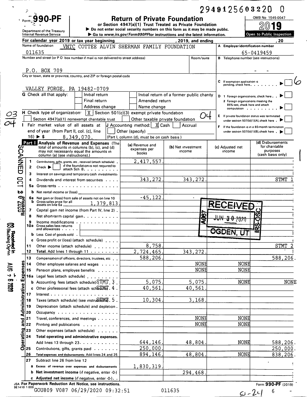 Image of first page of 2019 Form 990PR for Alvin Sherman Family Foundation