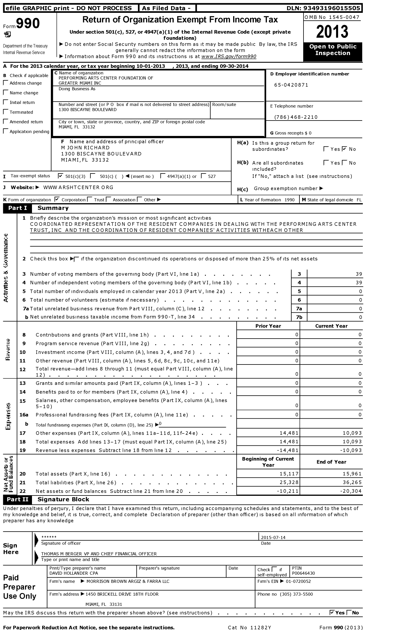 Image of first page of 2013 Form 990 for Performing Arts Center Foundation of Greater Miami