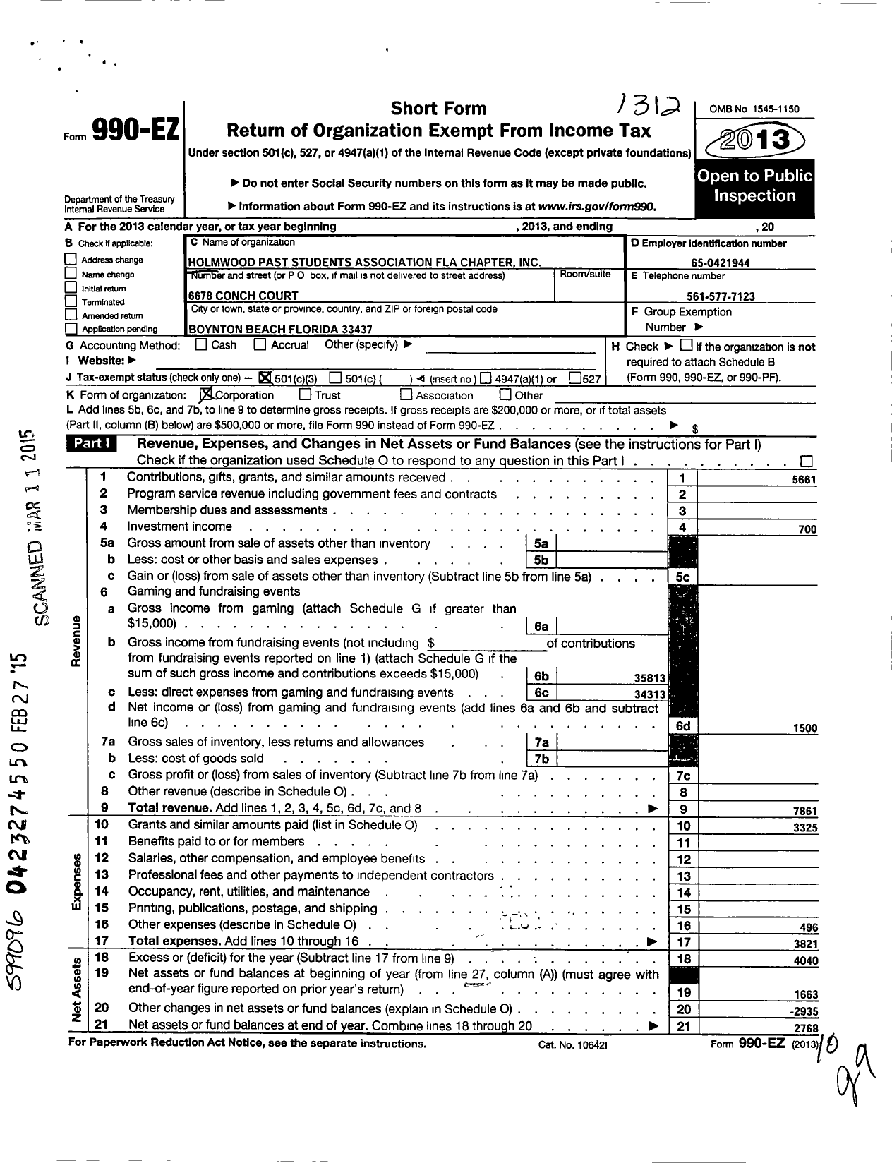 Image of first page of 2013 Form 990EZ for Holmwoo Past Students Association South Florida Chapter