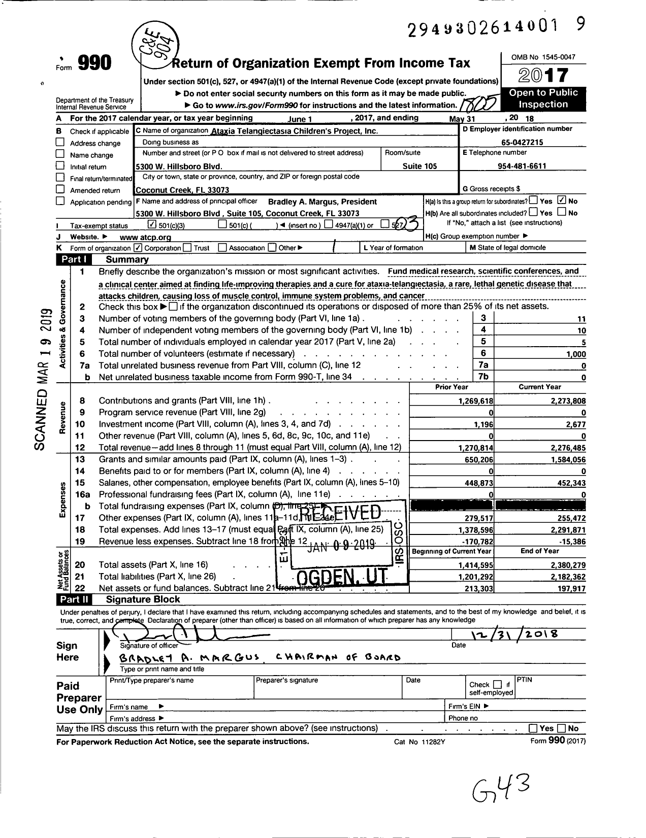 Image of first page of 2017 Form 990 for Ataxia Telangiectasia Children's Project