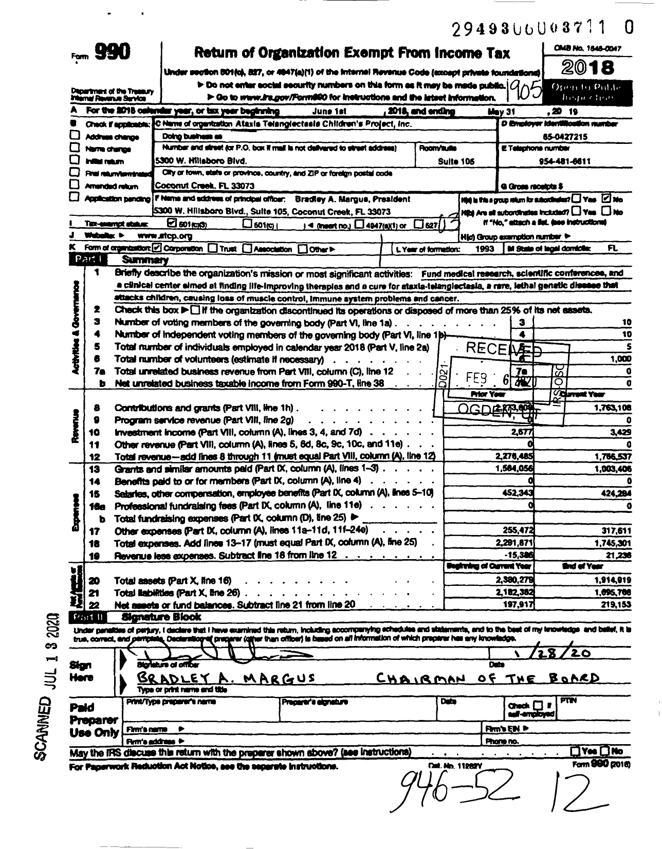 Image of first page of 2018 Form 990 for Ataxia Telangiectasia Children's Project