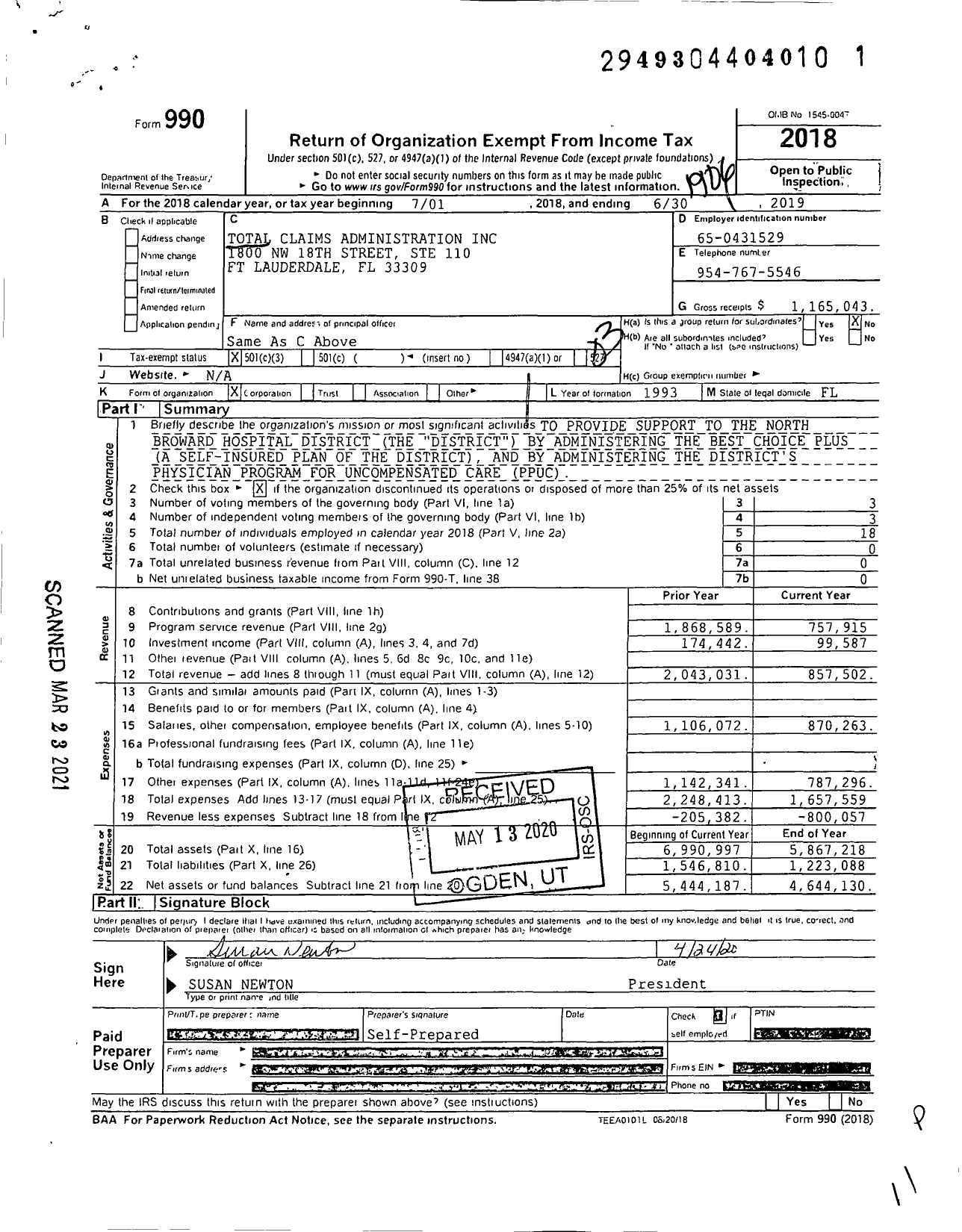 Image of first page of 2018 Form 990 for Total Claims Administration