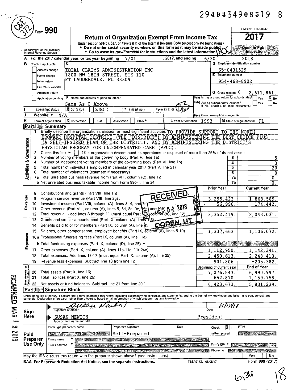 Image of first page of 2017 Form 990 for Total Claims Administration