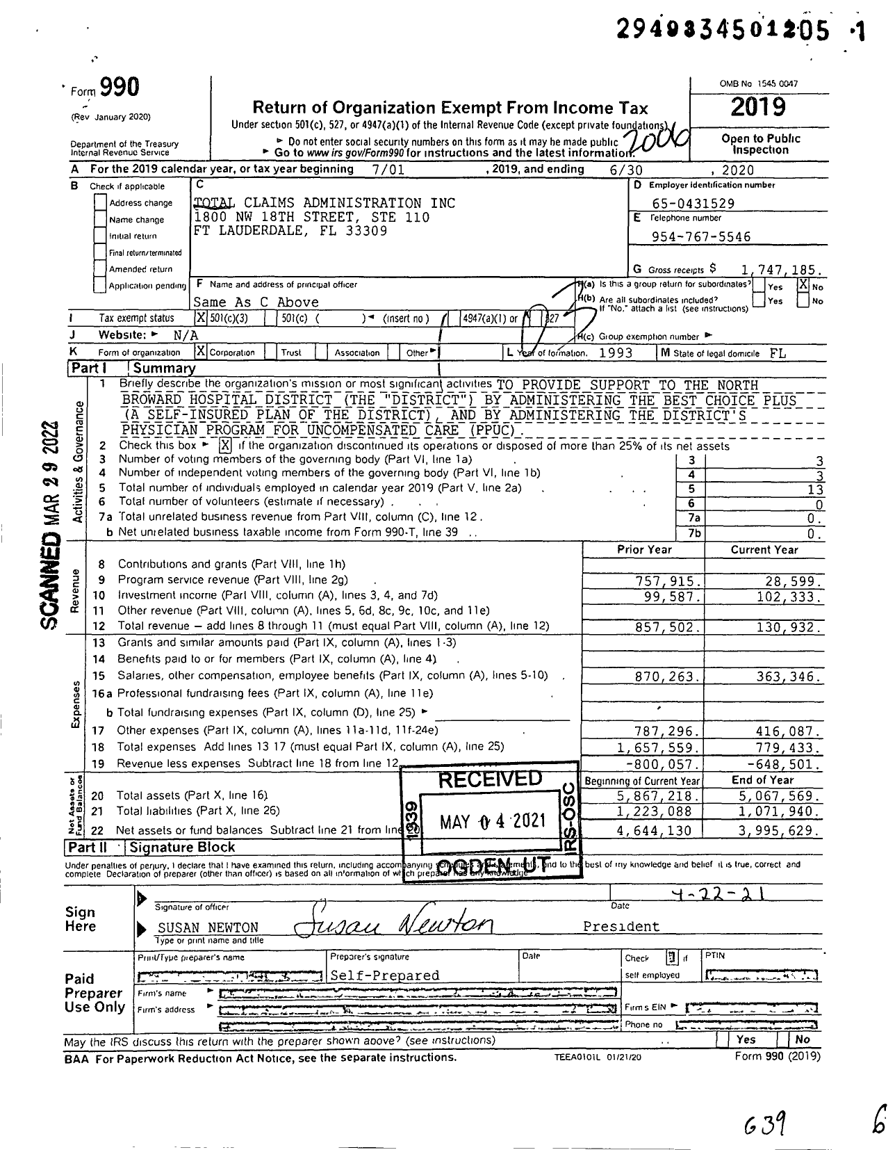 Image of first page of 2019 Form 990 for Total Claims Administration