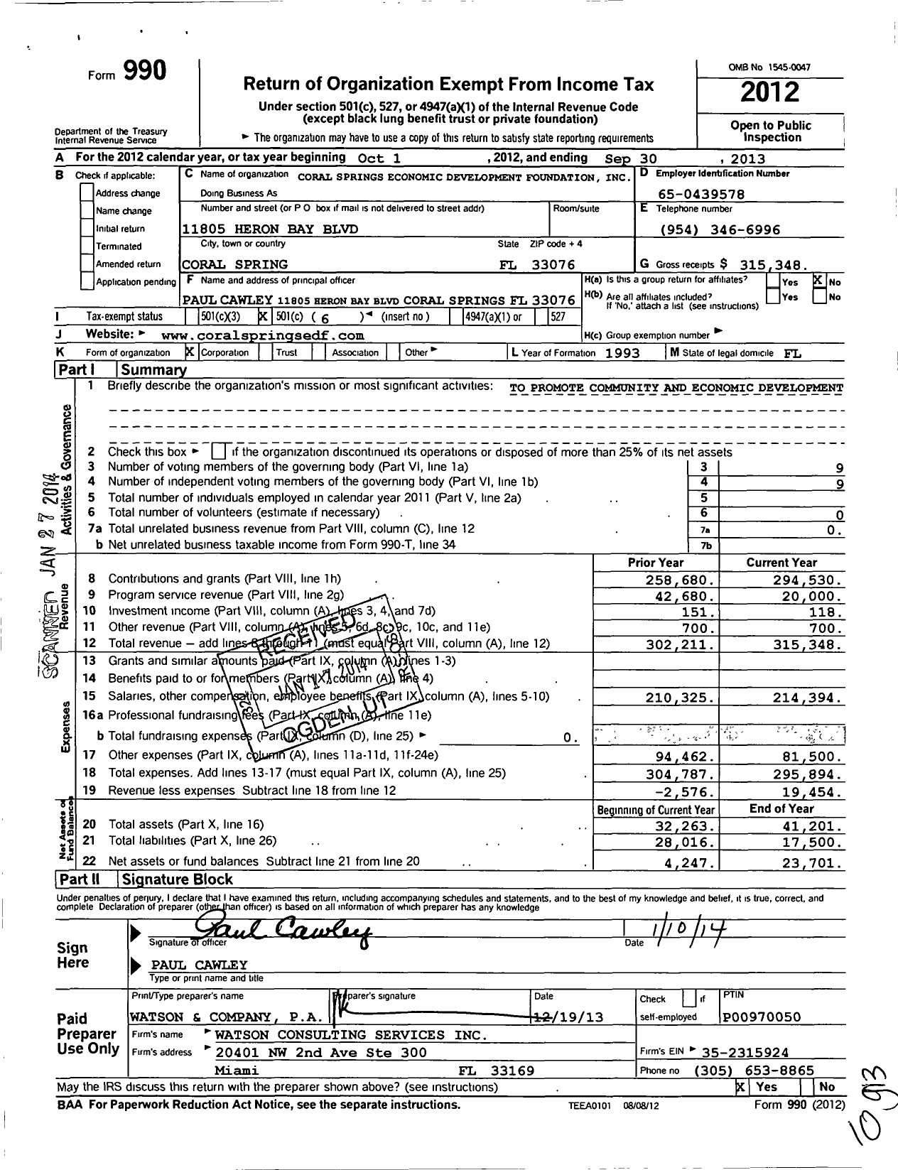 Image of first page of 2012 Form 990O for Coral Springs Economic Development Foundation