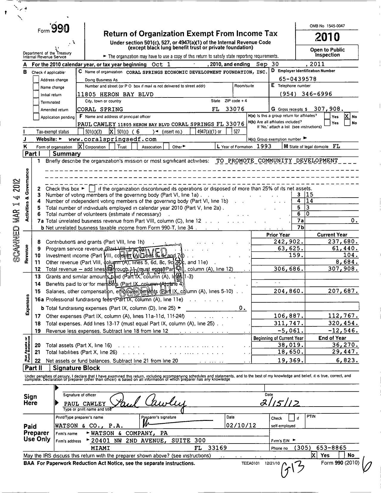 Image of first page of 2010 Form 990O for Coral Springs Economic Development Foundation