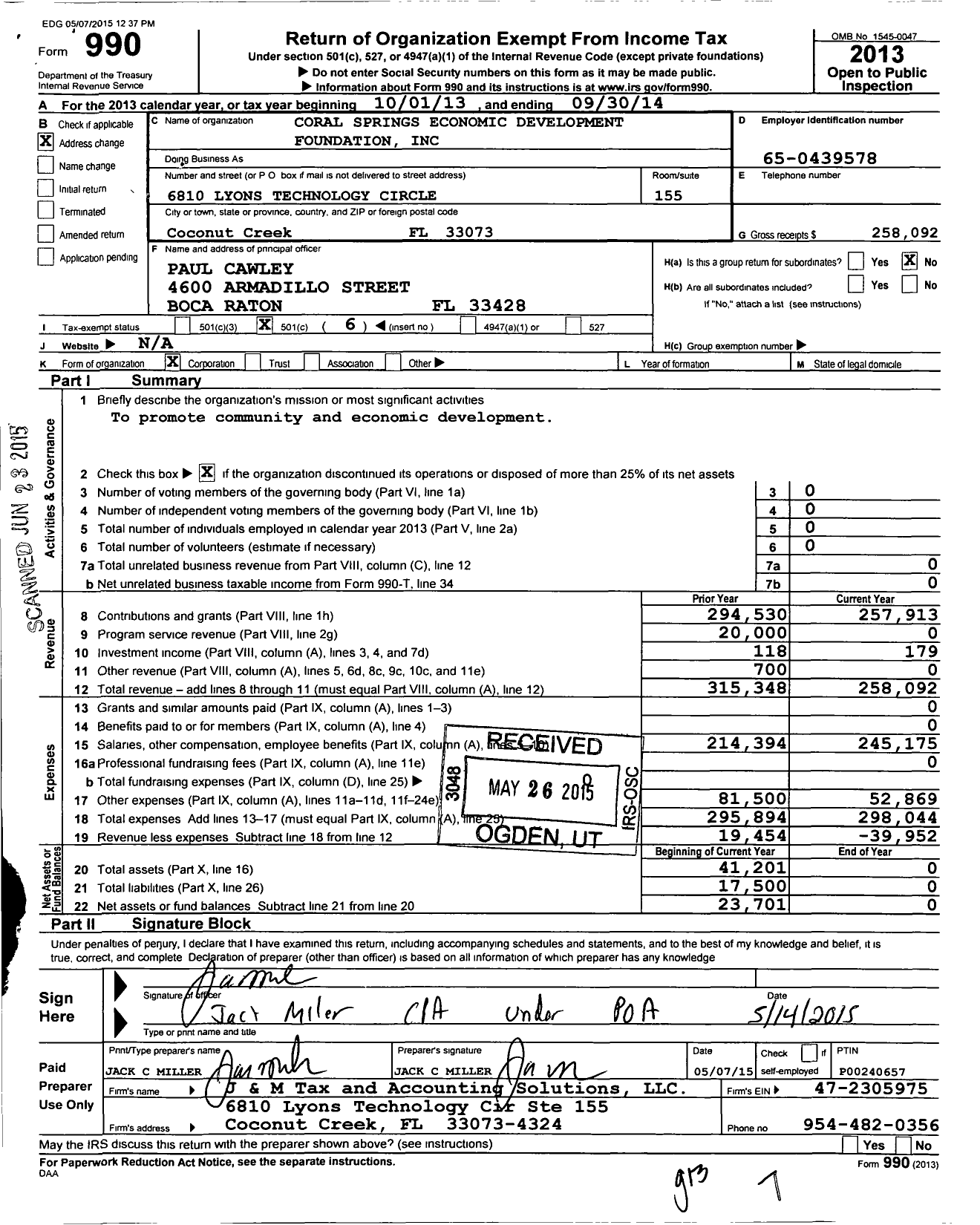 Image of first page of 2013 Form 990O for Coral Springs Economic Development Foundation