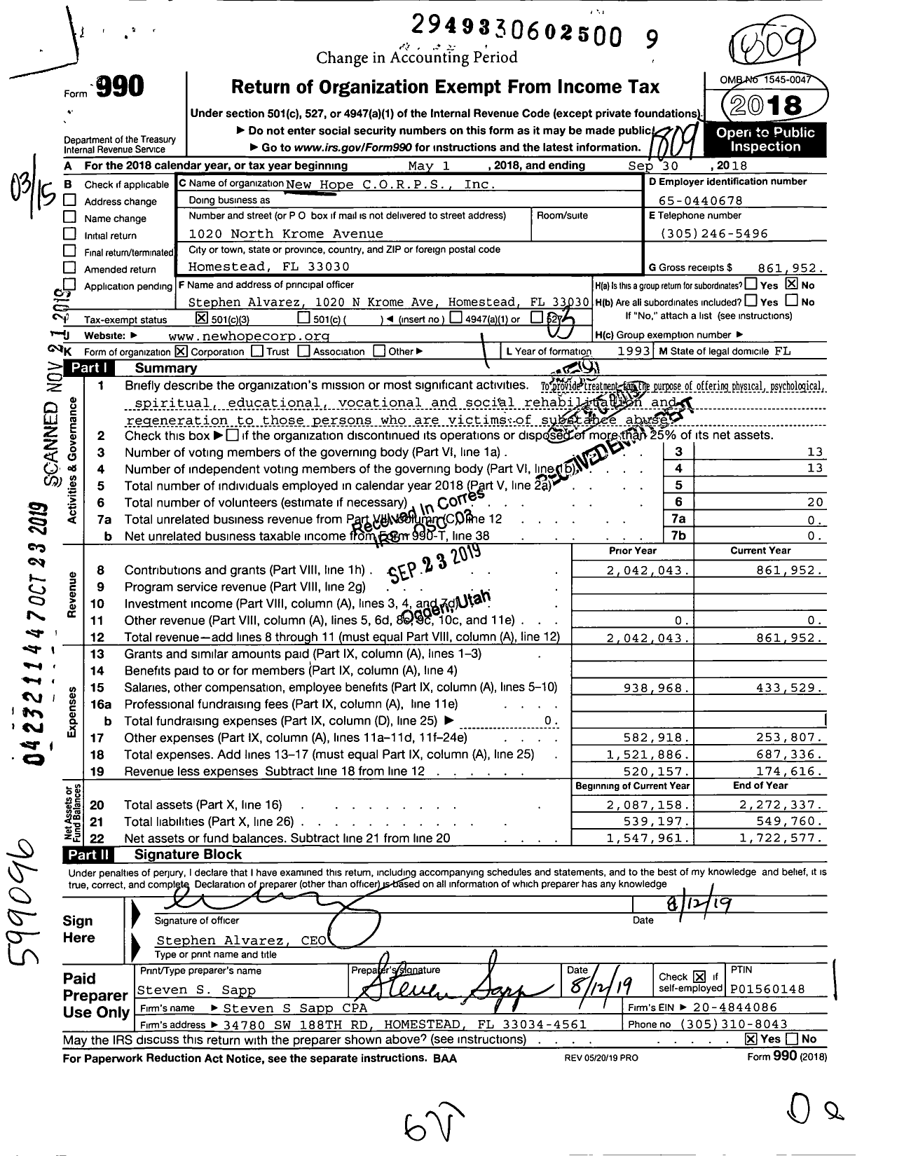 Image of first page of 2017 Form 990 for New Hope CORPS