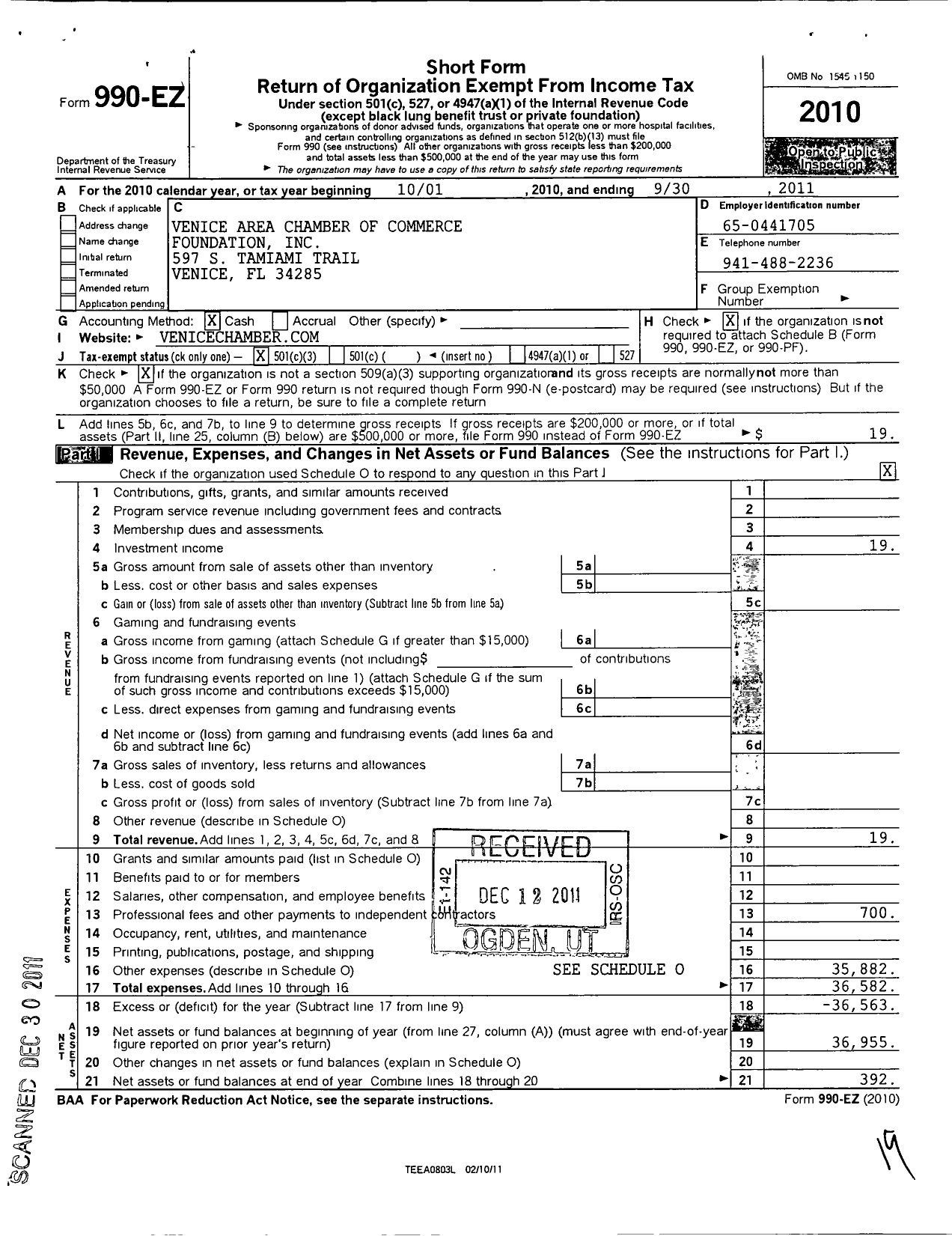 Image of first page of 2010 Form 990EZ for Venice Area Chamber of Commerce Foundation
