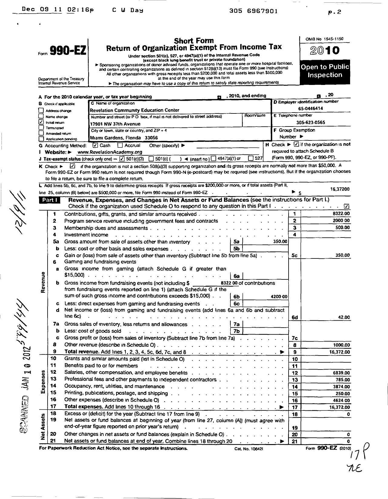 Image of first page of 2010 Form 990EZ for Revelation Christian Academy