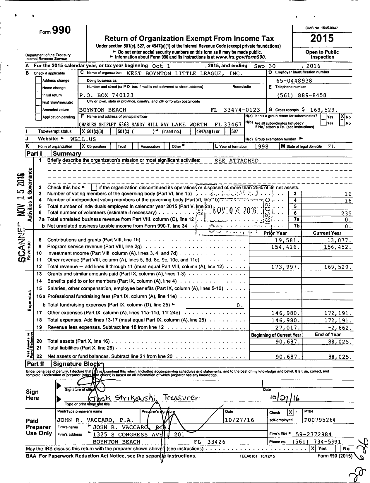 Image of first page of 2015 Form 990 for Little League Baseball - 3090712 West Boynton Beach LL