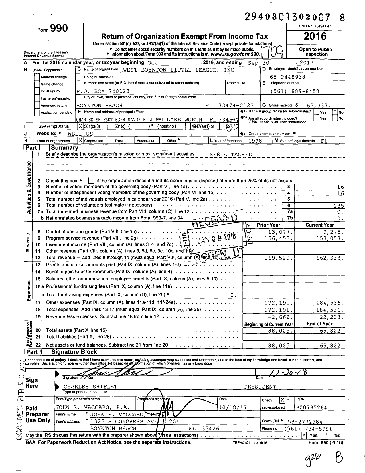 Image of first page of 2016 Form 990 for Little League Baseball - 3090712 West Boynton Beach LL