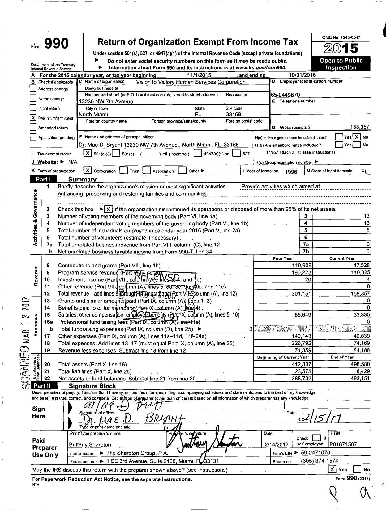 Image of first page of 2015 Form 990 for Vision to Victory Human Services Corporation