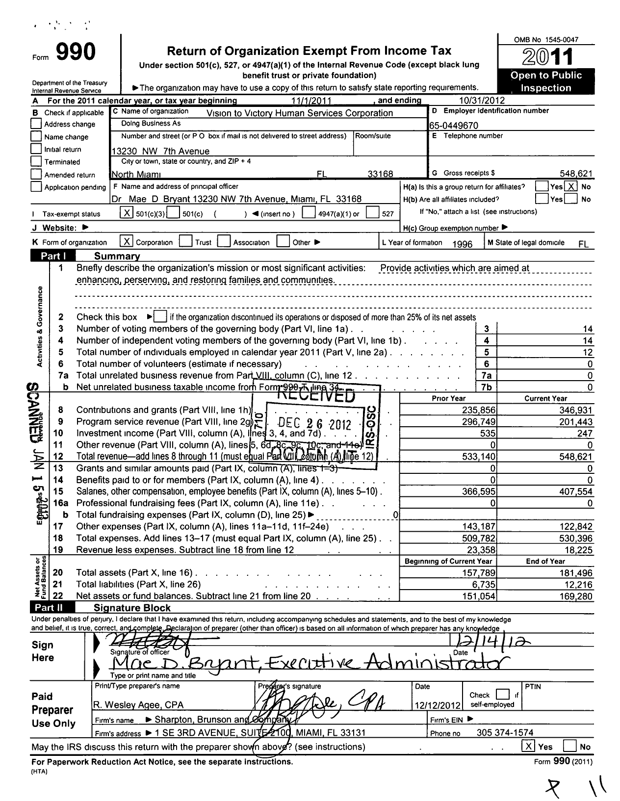 Image of first page of 2011 Form 990 for Vision to Victory Human Services Corporation