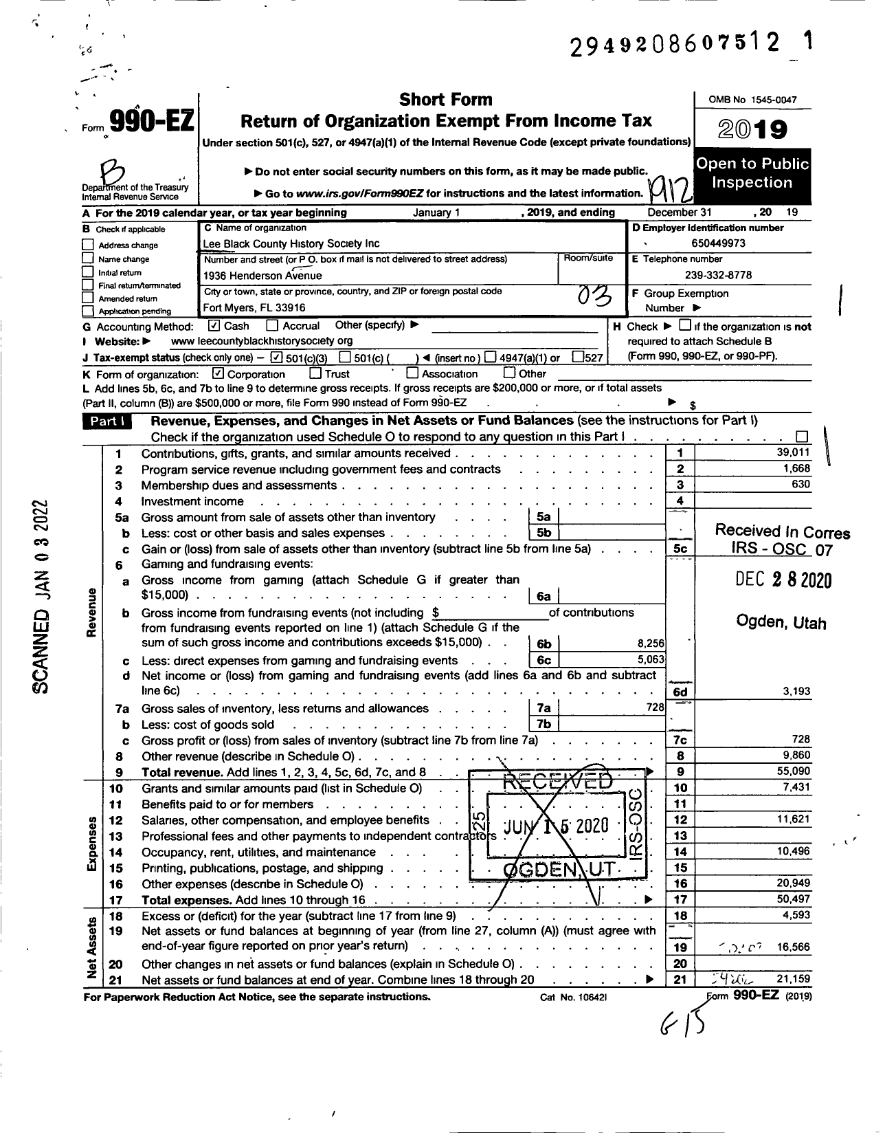 Image of first page of 2019 Form 990EZ for Lee County Black History Society