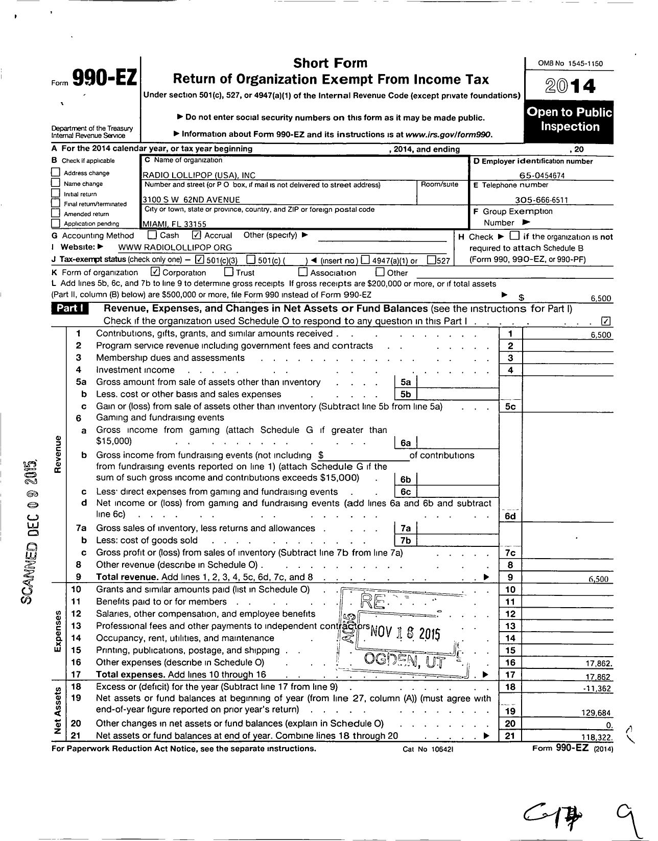 Image of first page of 2014 Form 990EZ for Radio Lollipop USA