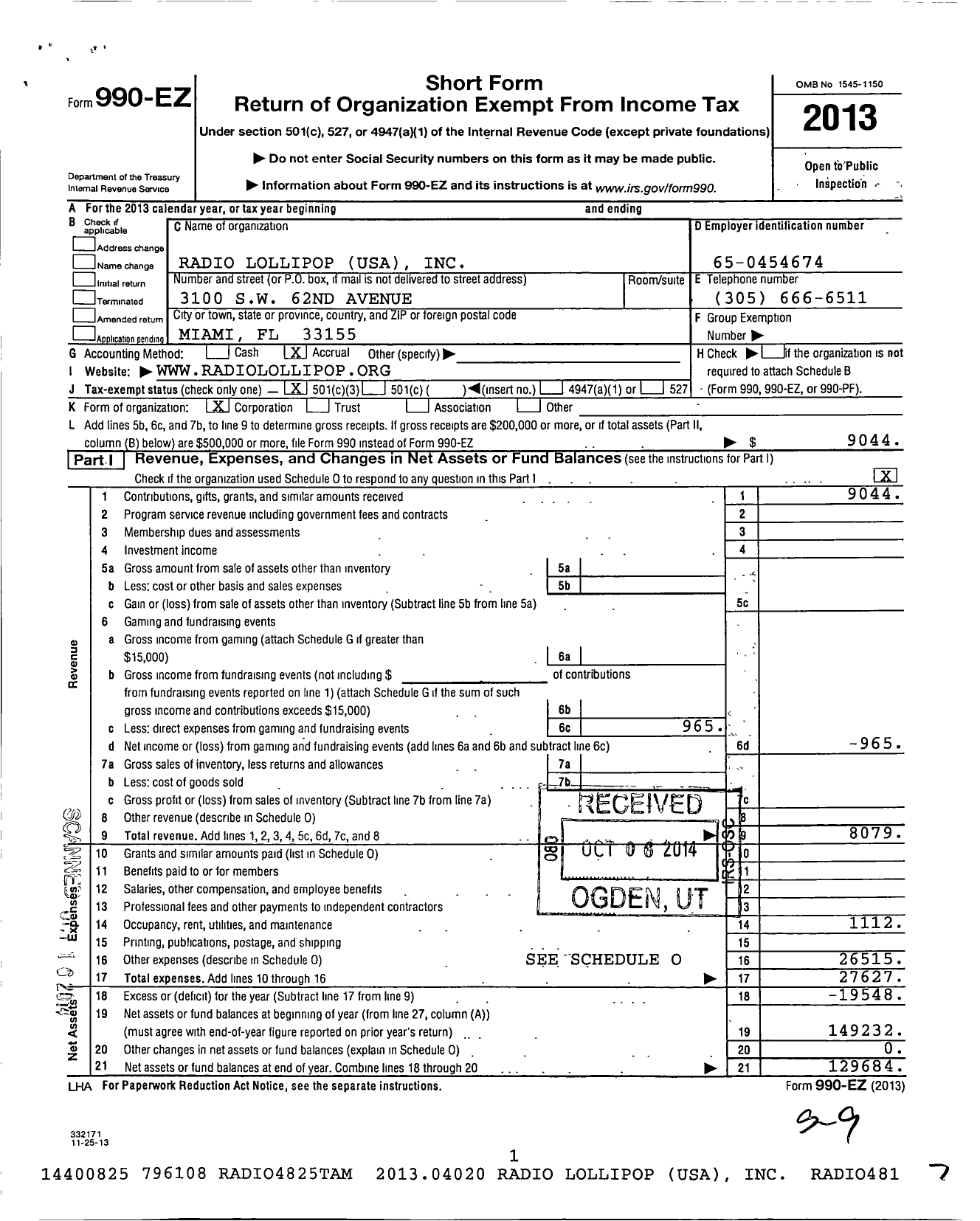 Image of first page of 2013 Form 990EZ for Radio Lollipop USA