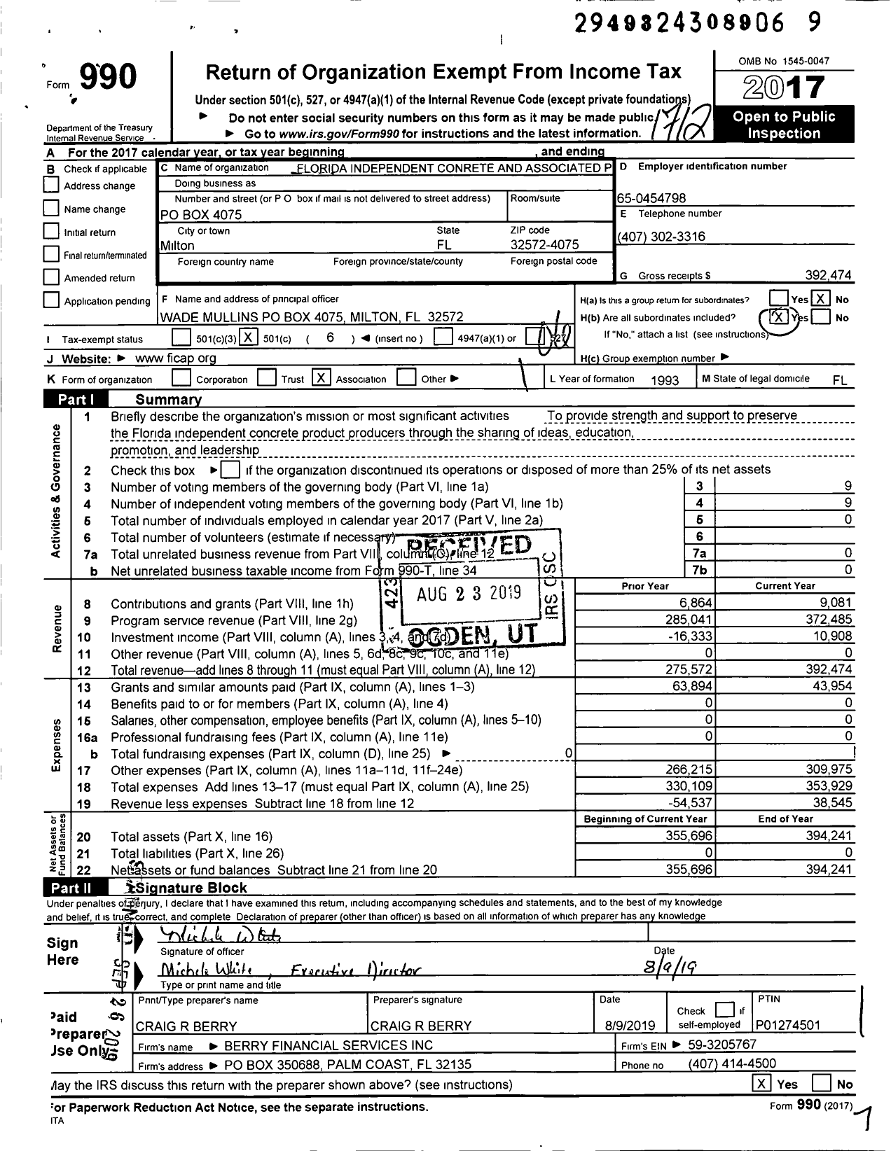 Image of first page of 2017 Form 990O for Florida Independent Concrete and Associated Products