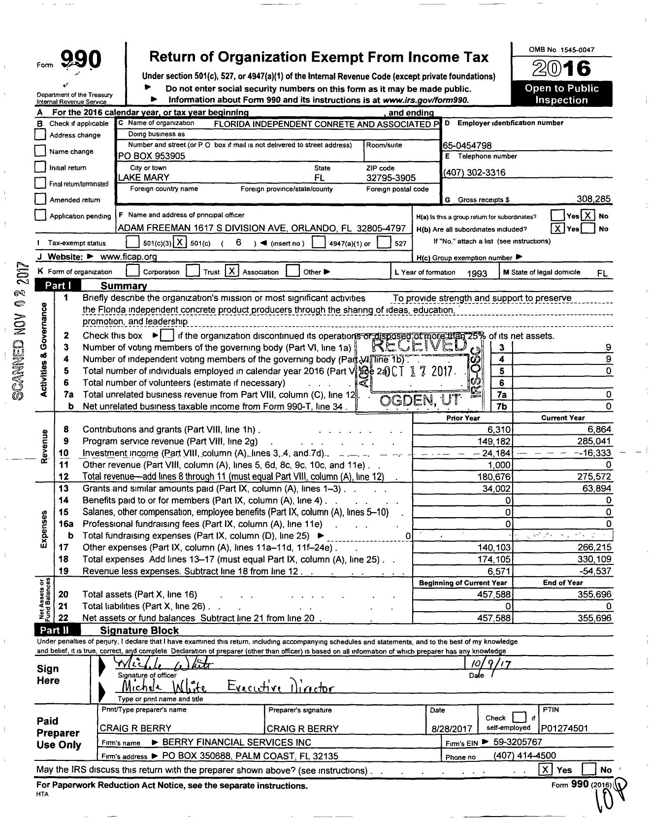 Image of first page of 2016 Form 990O for Florida Independent Concrete and Associated Products