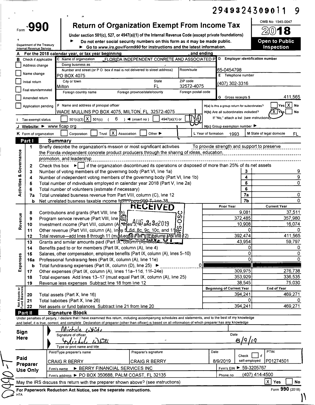 Image of first page of 2018 Form 990O for Florida Independent Concrete and Associated Products