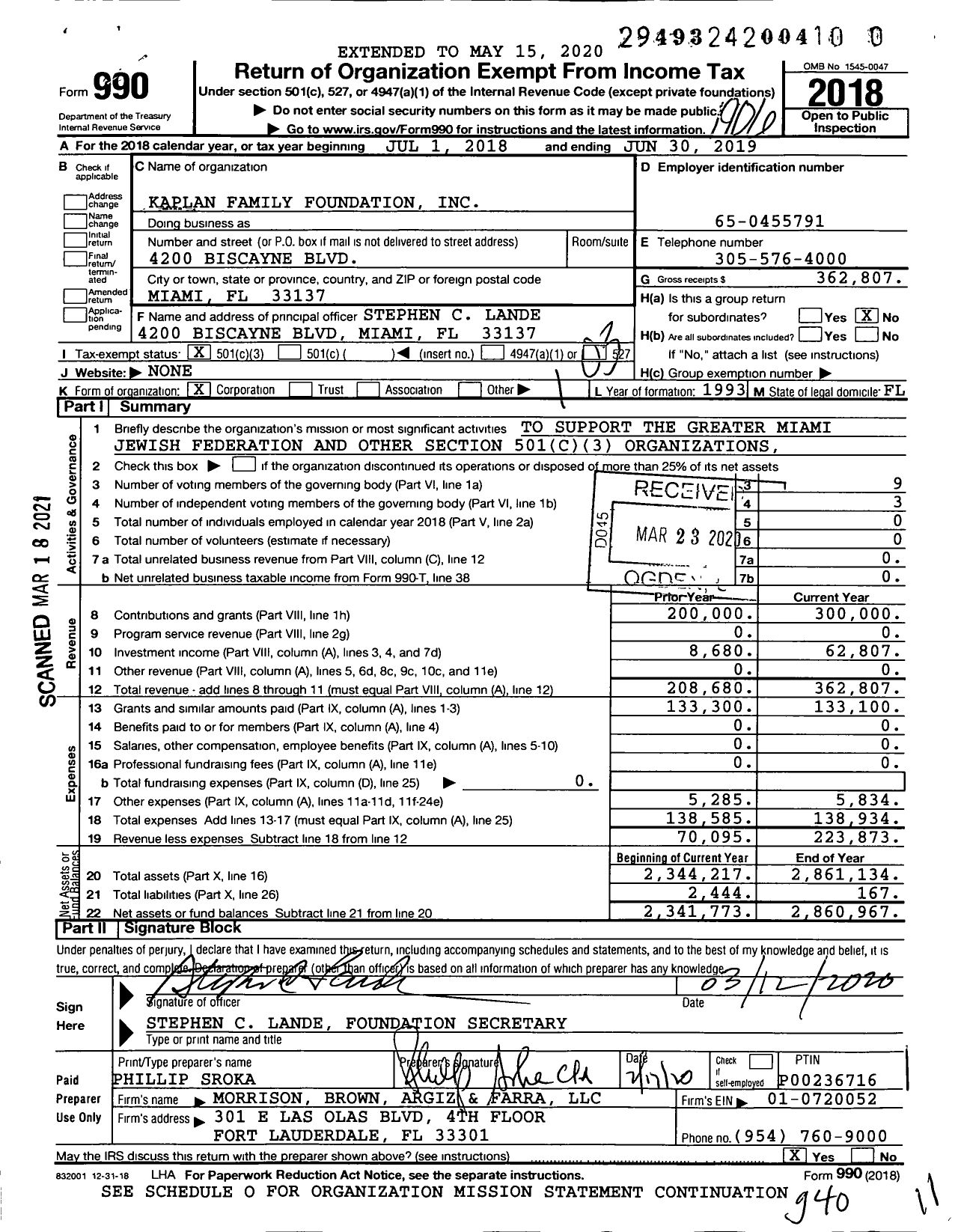 Image of first page of 2018 Form 990 for Kaplan Family Foundation