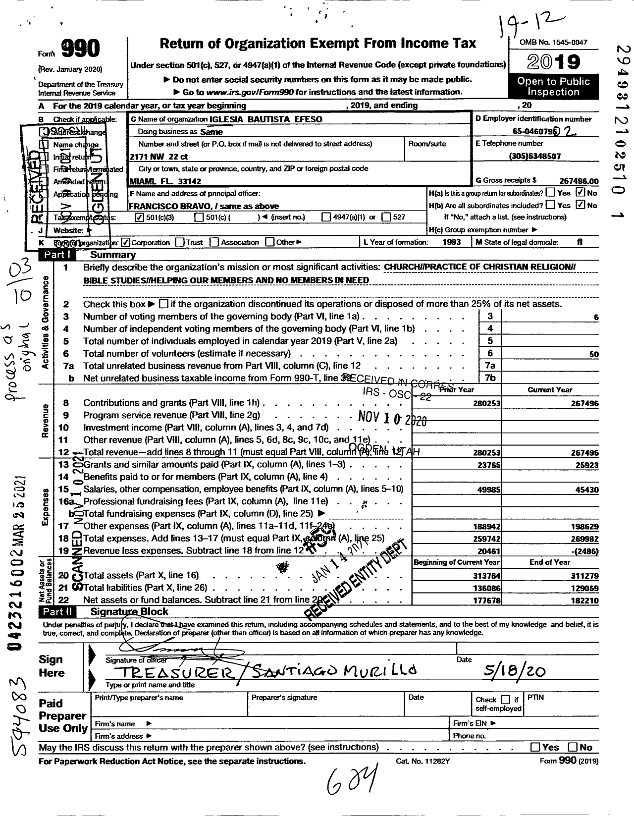 Image of first page of 2019 Form 990 for Iglesia Bautista Efeso