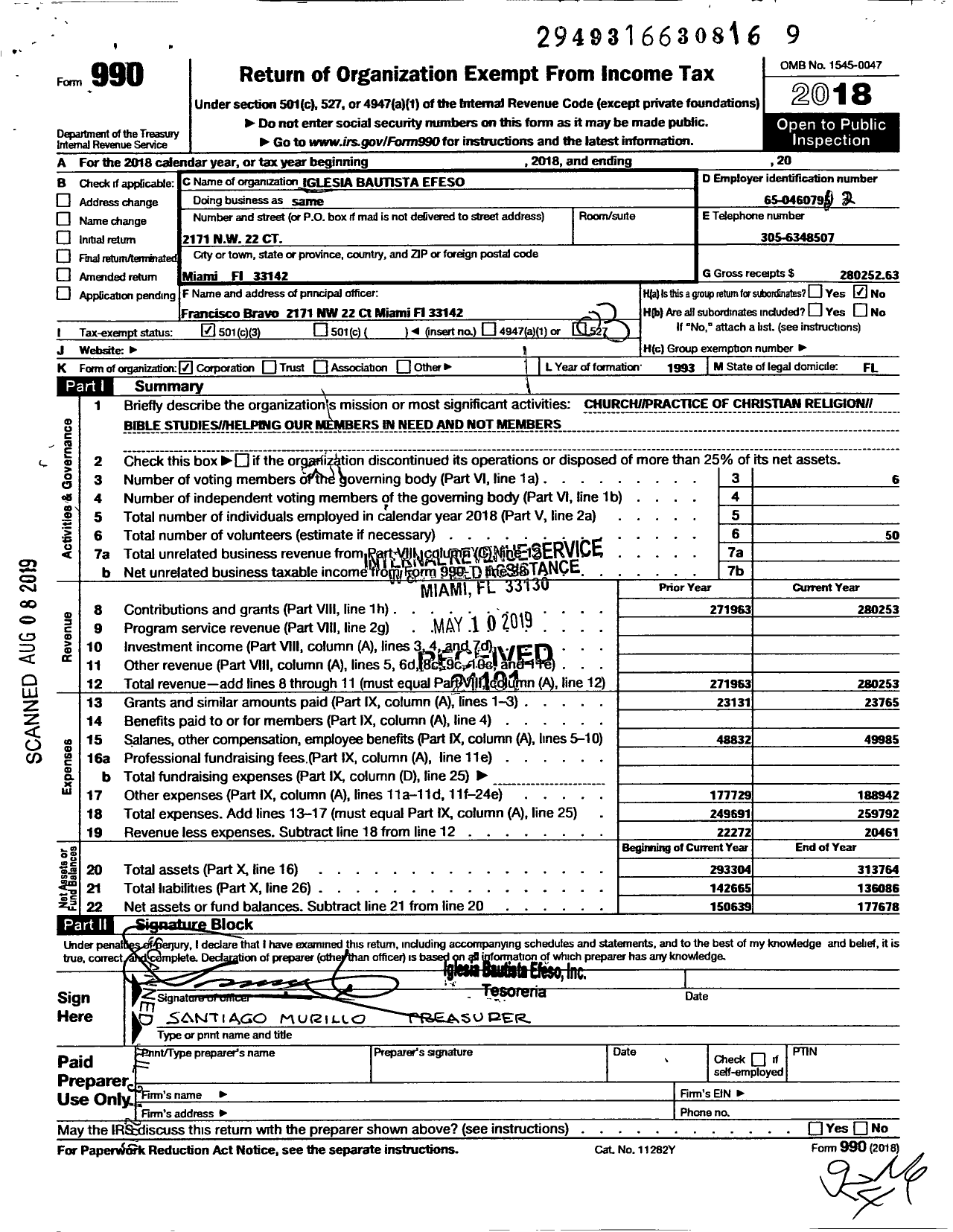 Image of first page of 2018 Form 990 for Iglesia Bautista Efeso