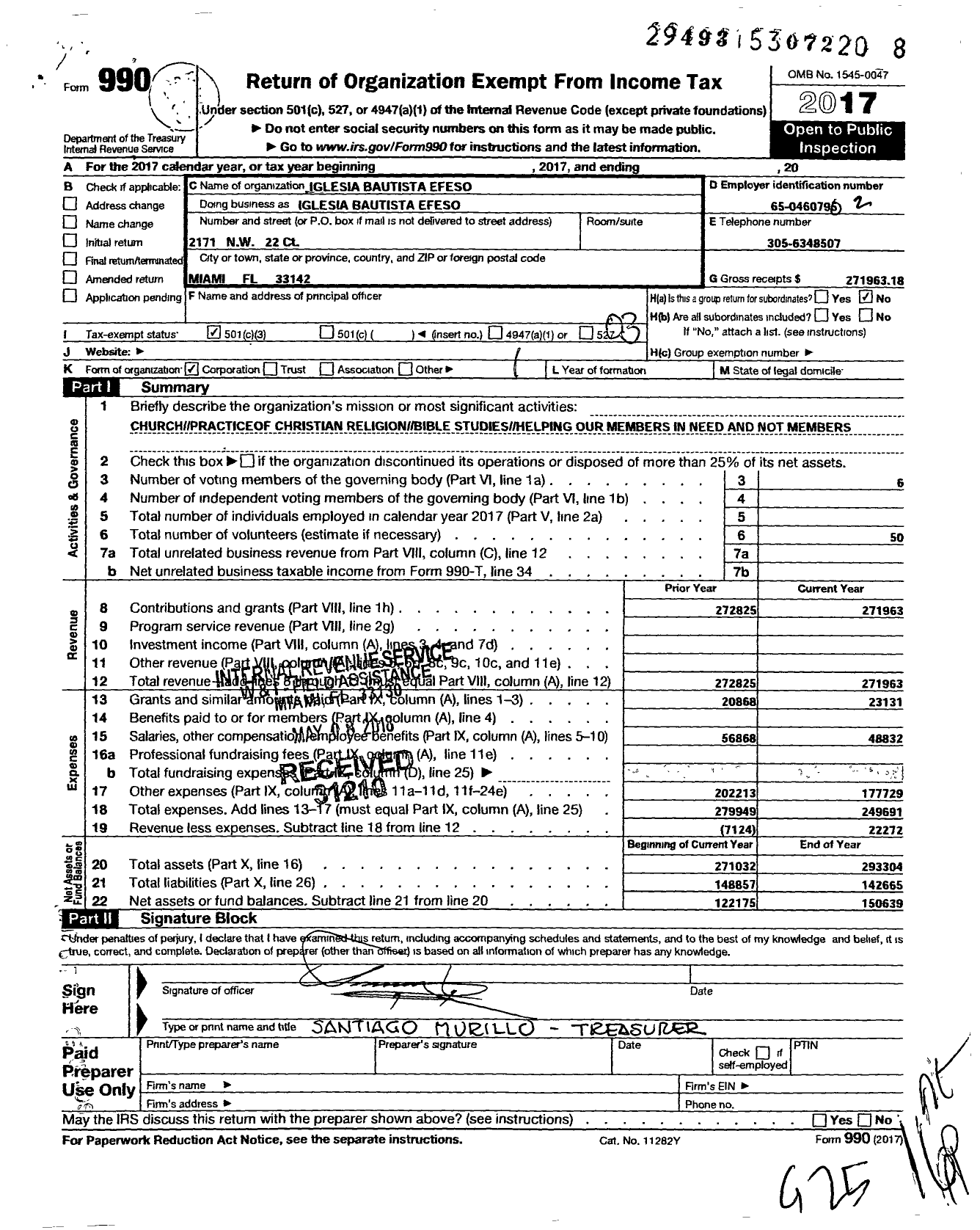 Image of first page of 2017 Form 990 for Iglesia Bautista Efeso