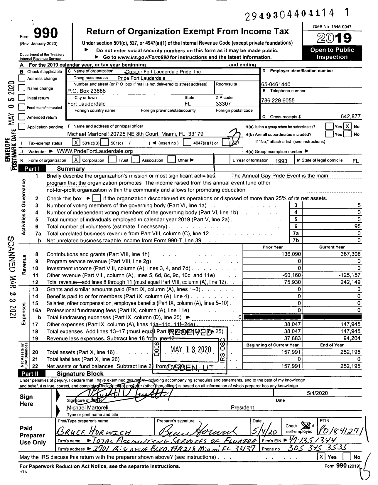 Image of first page of 2019 Form 990 for Pride Fort Lauderdale