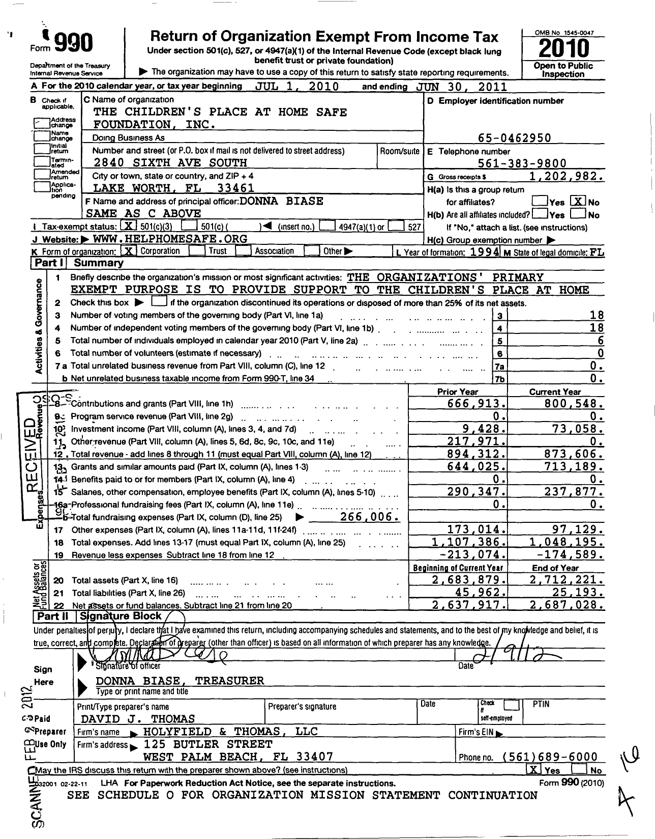 Image of first page of 2010 Form 990 for The Children's Place at Home Safe Foundation