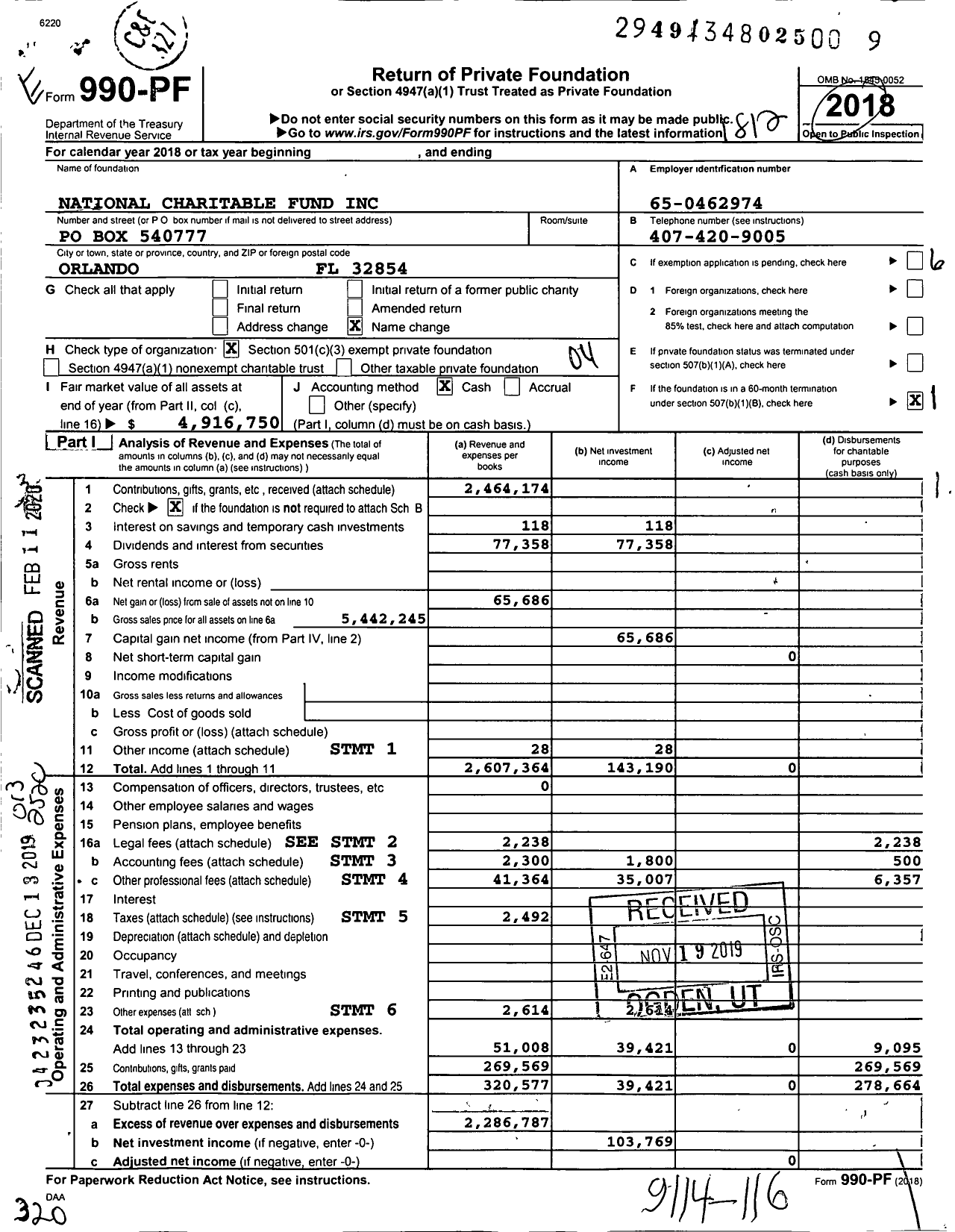 Image of first page of 2018 Form 990PF for National Charitable Fund