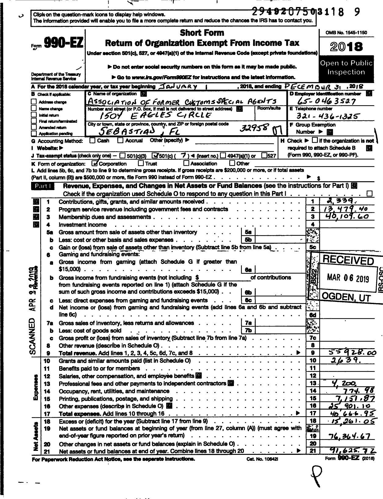 Image of first page of 2018 Form 990EO for Association of Former Customs Special Agents