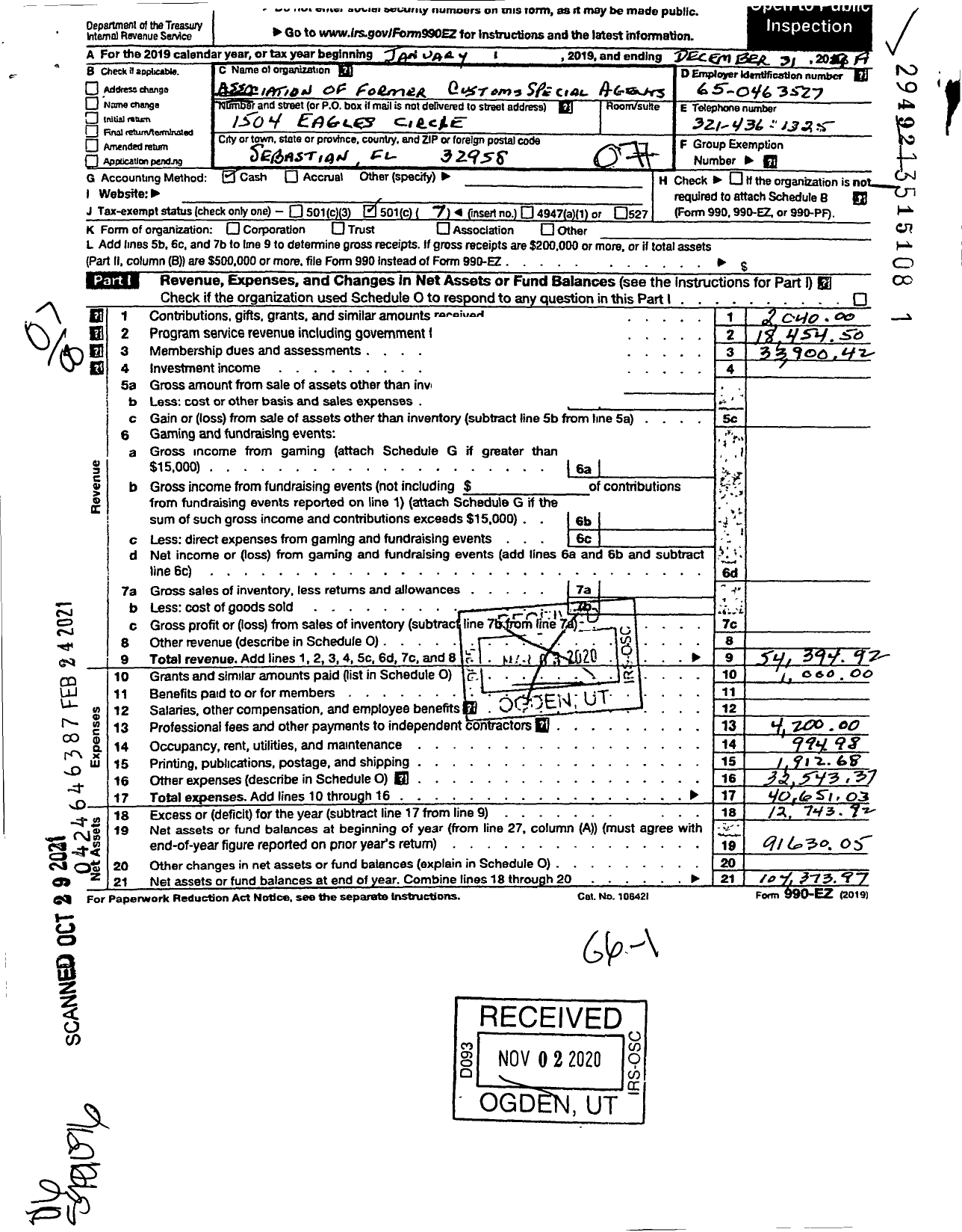 Image of first page of 2019 Form 990EO for Association of Former Customs Special Agents