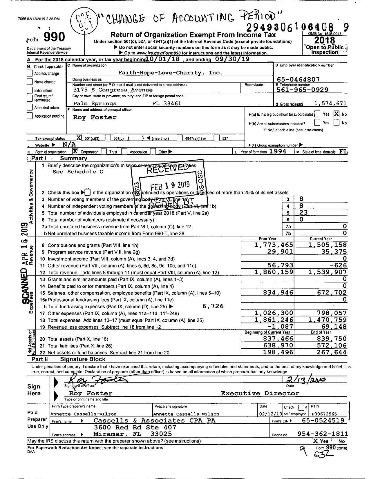 Image of first page of 2018 Form 990 for Faith-Hope-Love-Charity