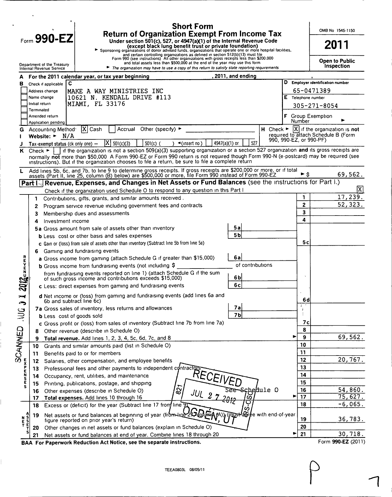 Image of first page of 2011 Form 990EZ for Make A Way Ministries