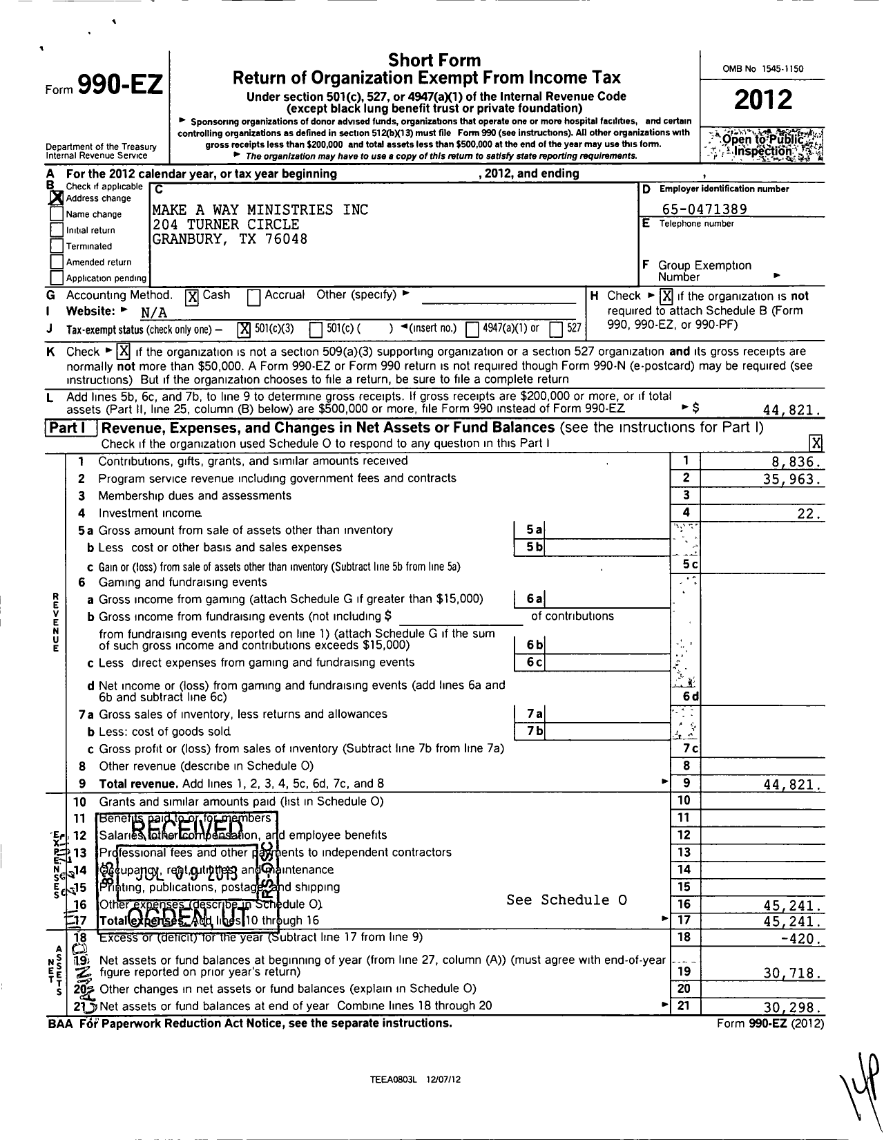 Image of first page of 2012 Form 990EZ for Make A Way Ministries