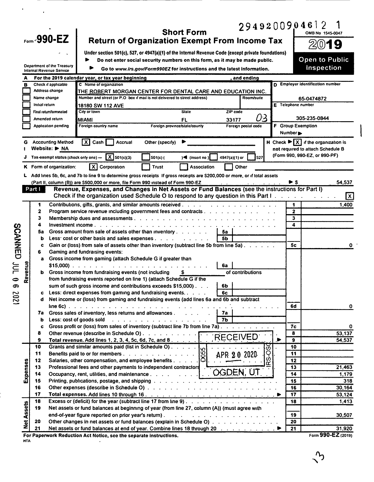 Image of first page of 2019 Form 990EZ for Robert Morgan Center for Dental Care and Education