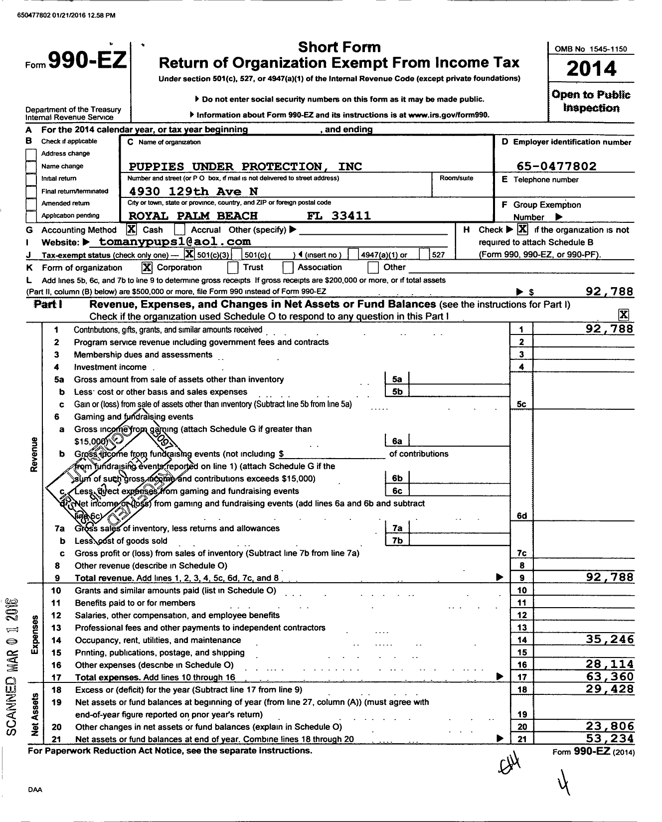 Image of first page of 2014 Form 990EZ for Puppies Under Protection