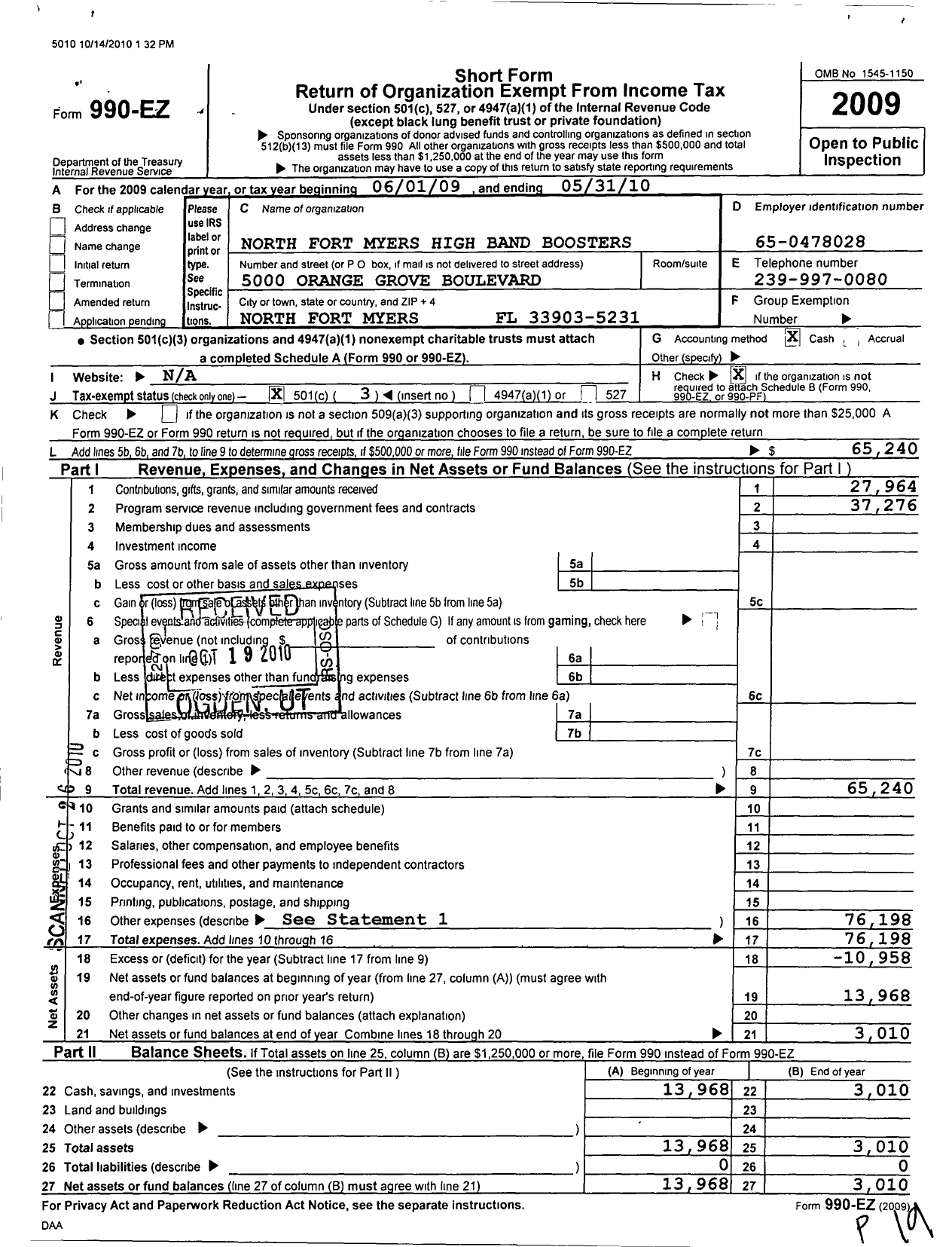 Image of first page of 2009 Form 990EZ for North Fort Myers High Band Boosters