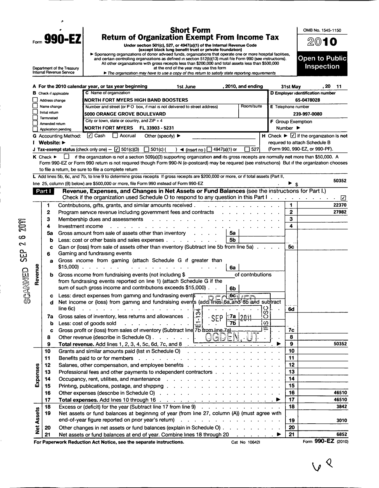 Image of first page of 2010 Form 990EZ for North Fort Myers High Band Boosters