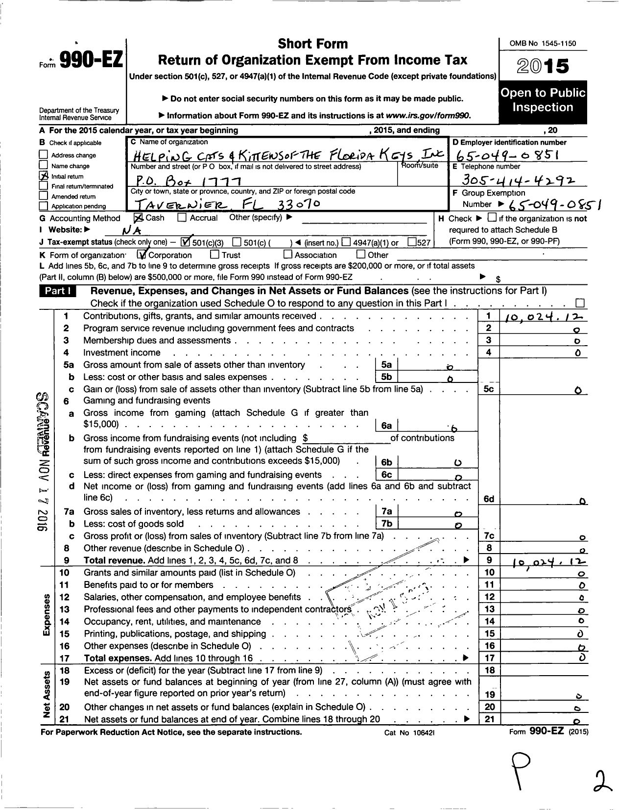 Image of first page of 2015 Form 990EZ for Helping Cats and Kittens of the Florida Keys