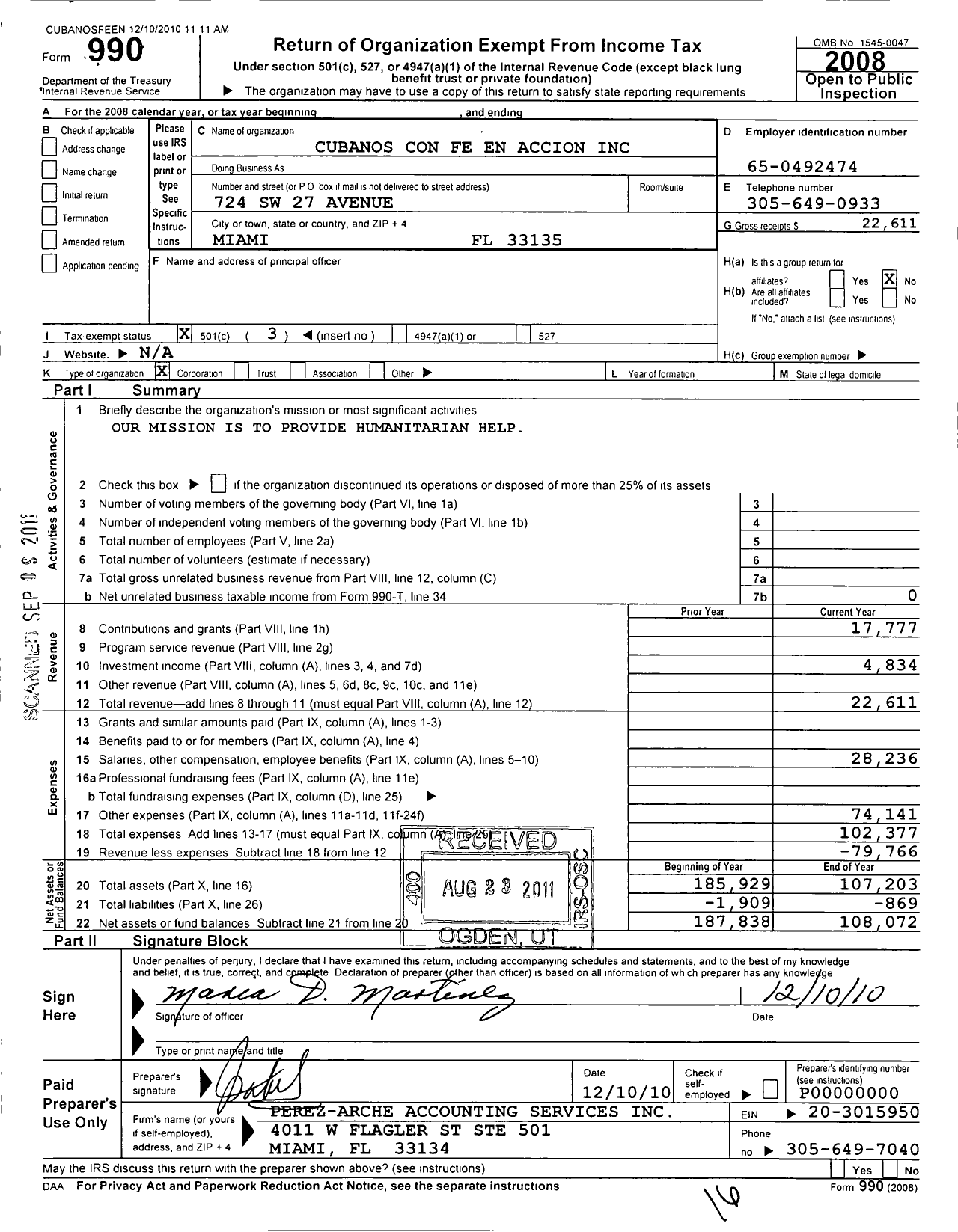 Image of first page of 2008 Form 990 for Fundacion Padre Santana Cubanos Con Fe En Accion