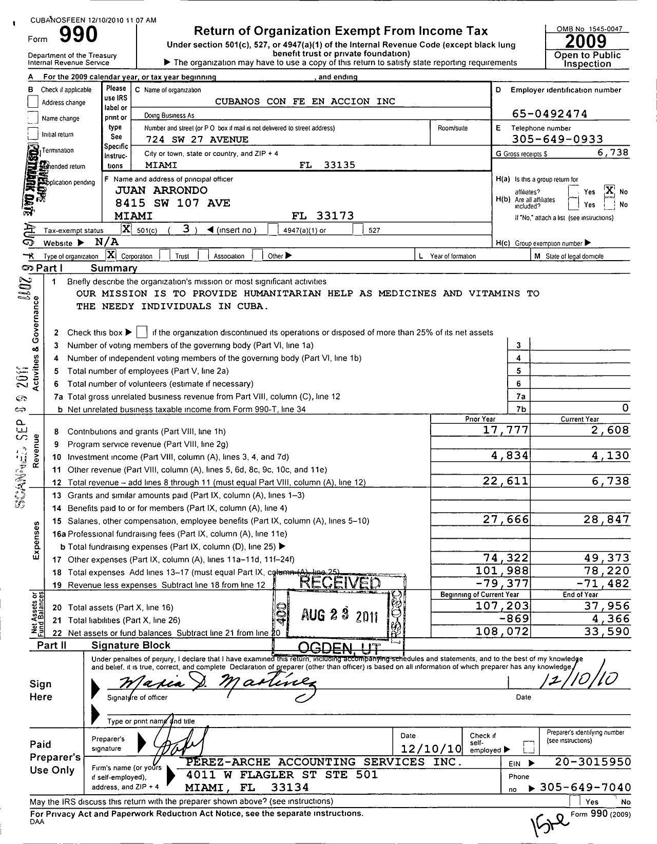 Image of first page of 2009 Form 990 for Fundacion Padre Santana Cubanos Con Fe En Accion