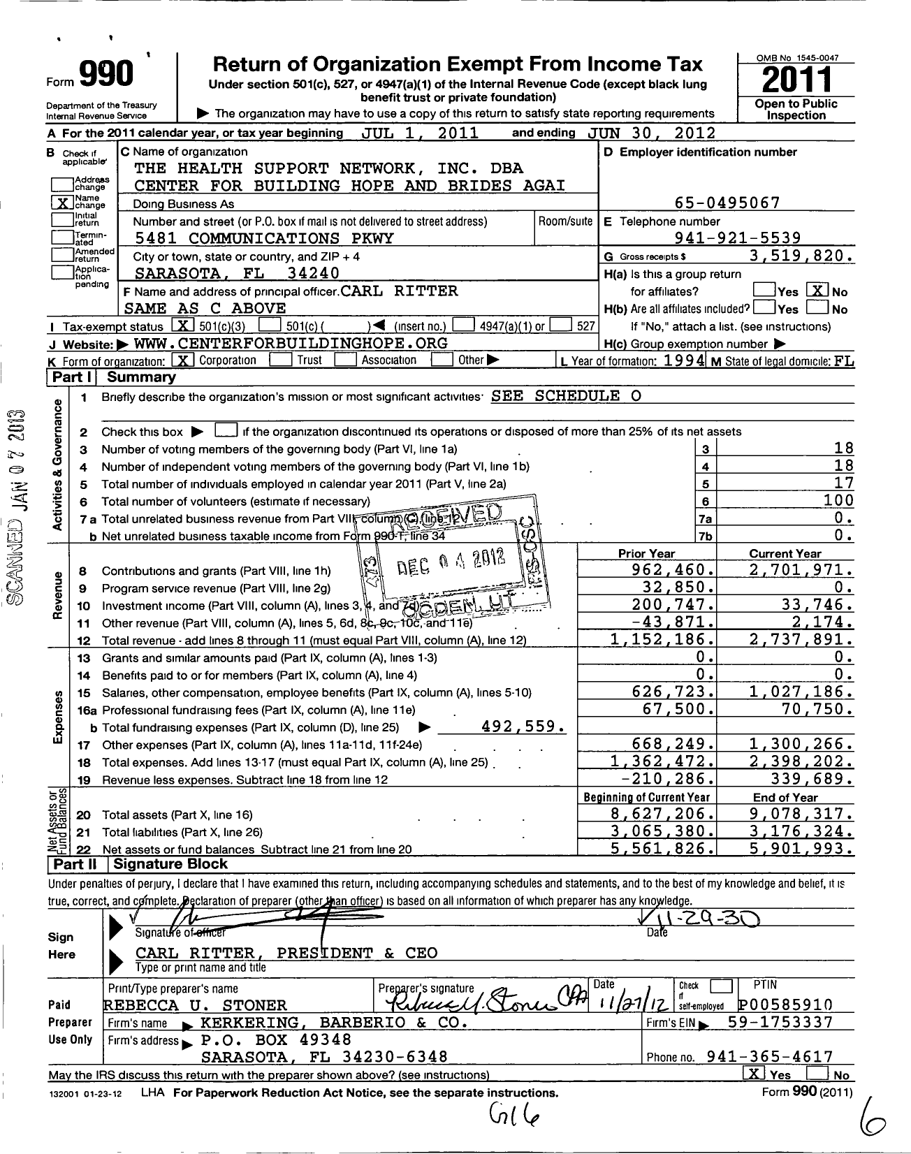 Image of first page of 2011 Form 990 for Center for Building Hope and Brides Again