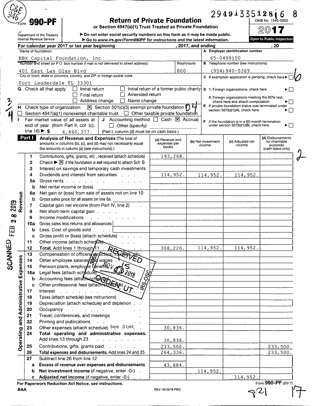 Image of first page of 2017 Form 990PF for BBX Capital Foundation