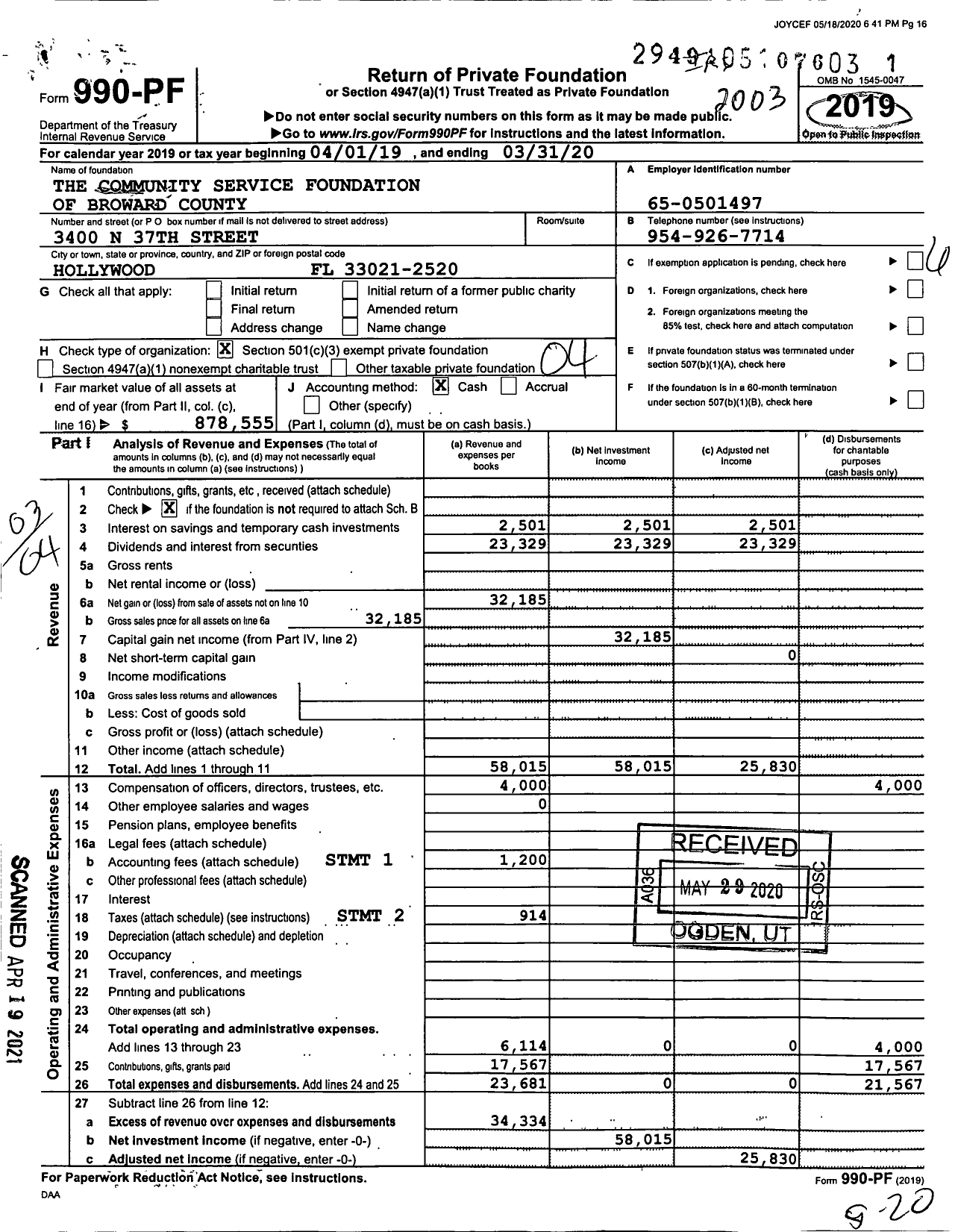 Image of first page of 2019 Form 990PF for The Community Service Foundation of Broward County