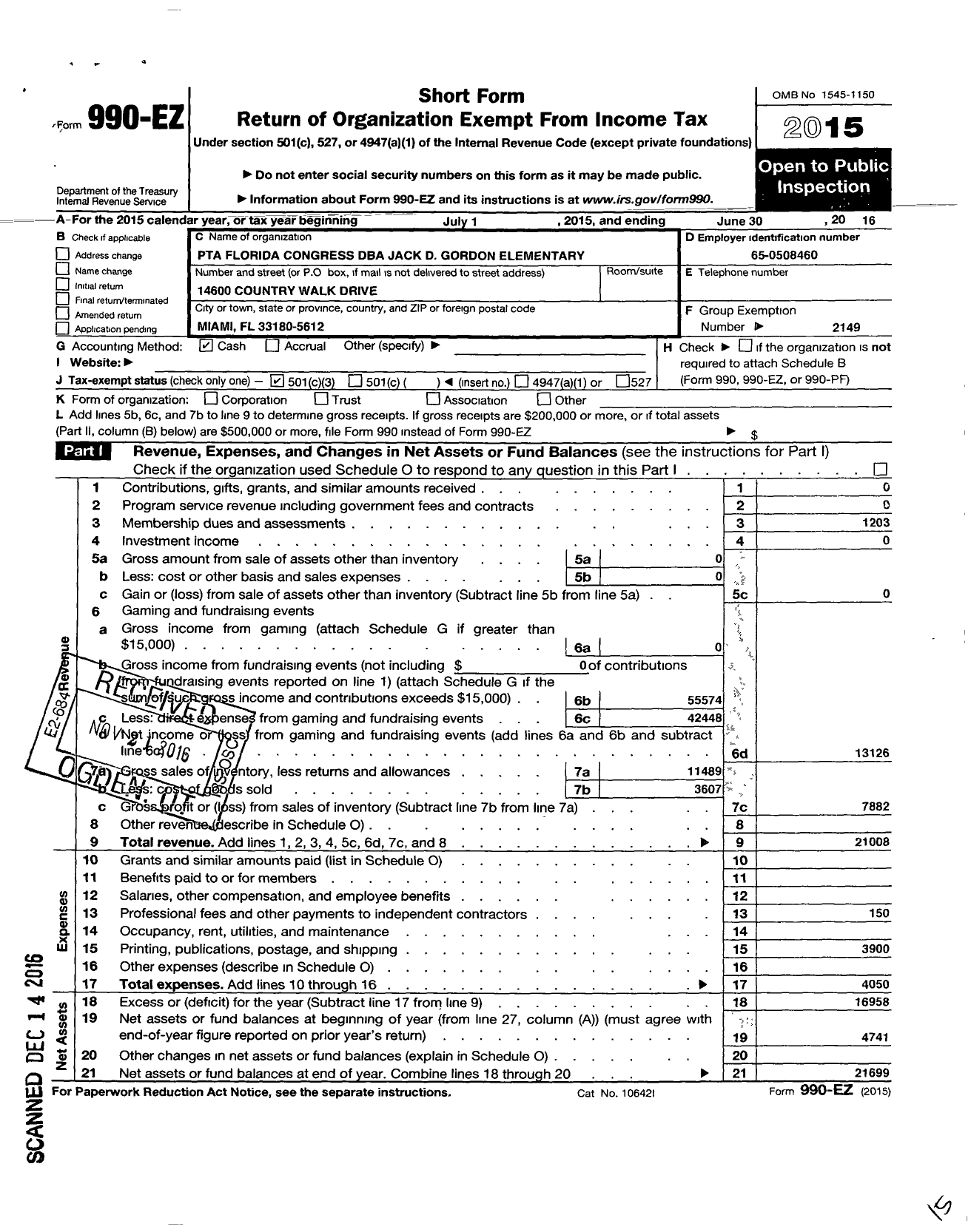 Image of first page of 2015 Form 990EZ for PTA Florida Congress - Jack D Gordon Elementary