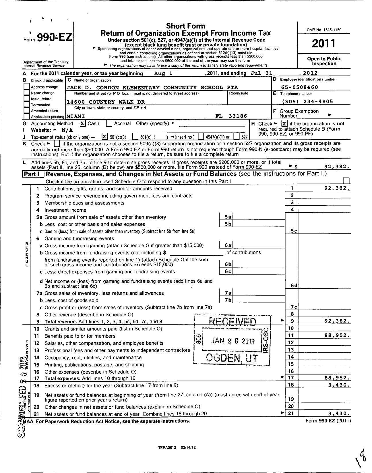 Image of first page of 2011 Form 990EZ for PTA Florida Congress - Jack D Gordon Elementary