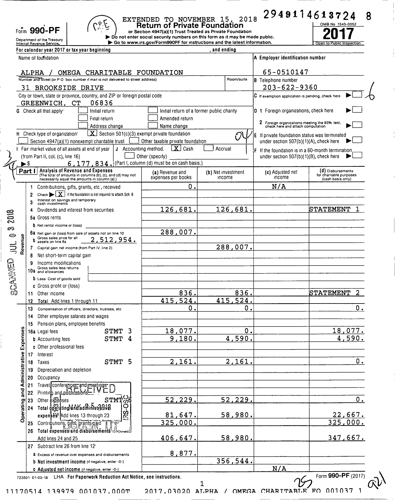 Image of first page of 2017 Form 990PF for Alpha Omega Charitable Foundation