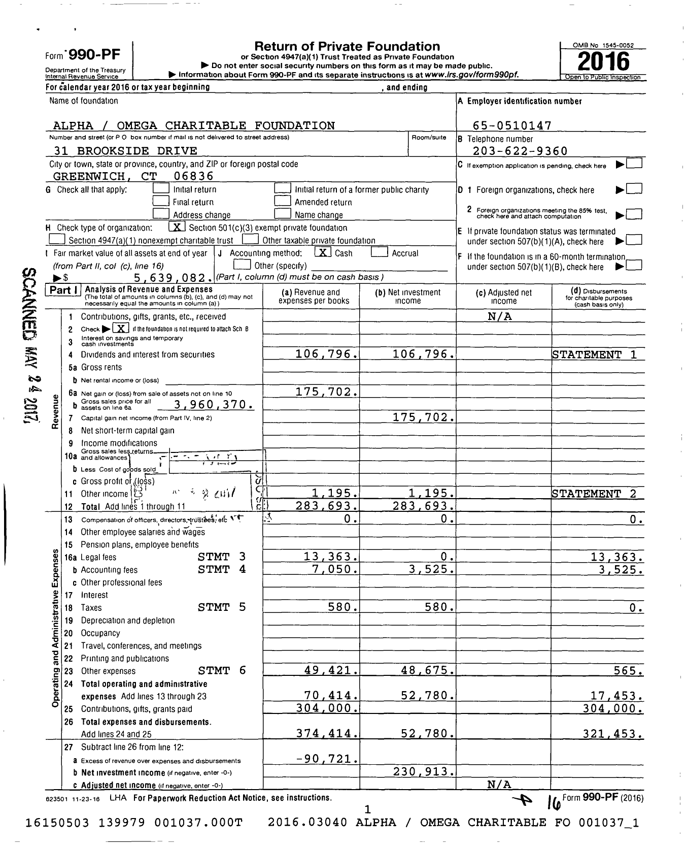 Image of first page of 2016 Form 990PF for Alpha Omega Charitable Foundation